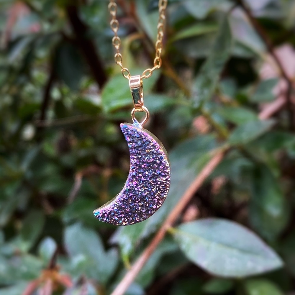 Rainbow Titanium Druzy Moon Necklace​
